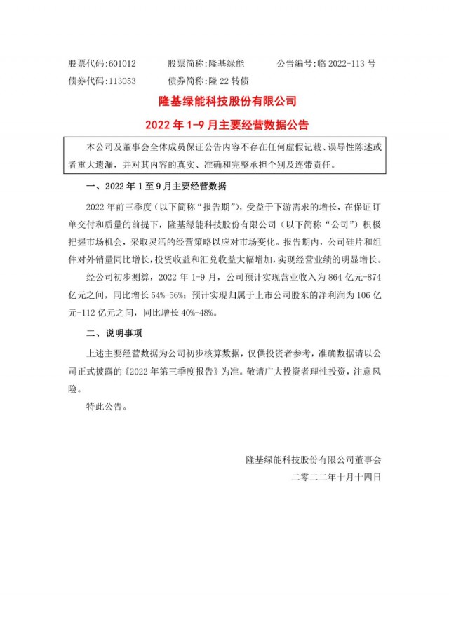 隆基綠能：營收或超864億，預(yù)計前三季凈利或在106億元-112億元之間
