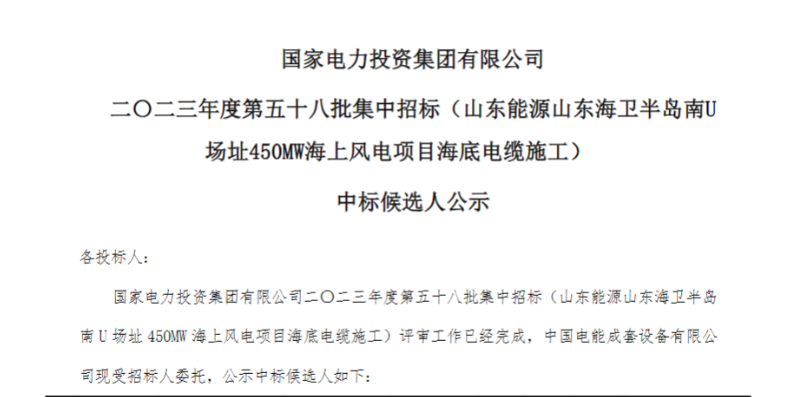 國家電投450MW海上風(fēng)電項目海底電纜施工中標(biāo)候選人公示